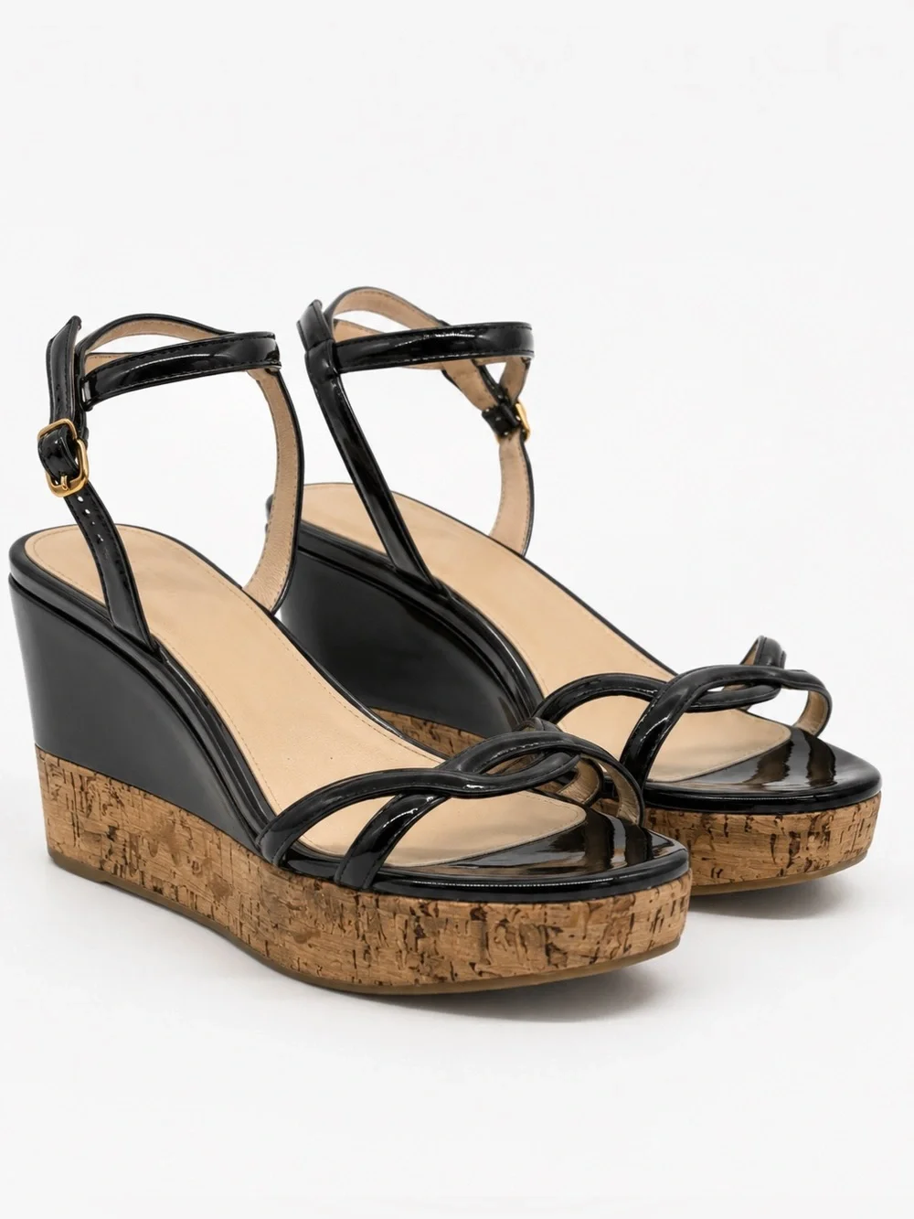 Prada Patent Leather Cork Platform Wedge Sandals